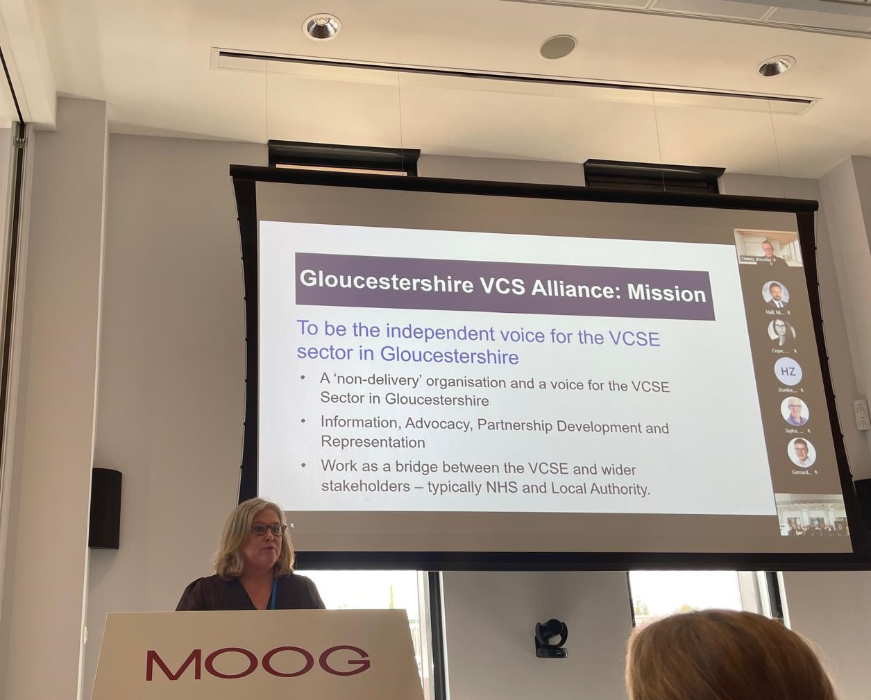 Joanna Scott (Gloucestershire VCS Alliance Business Connector) speaking at Moog 'showcase' event in July